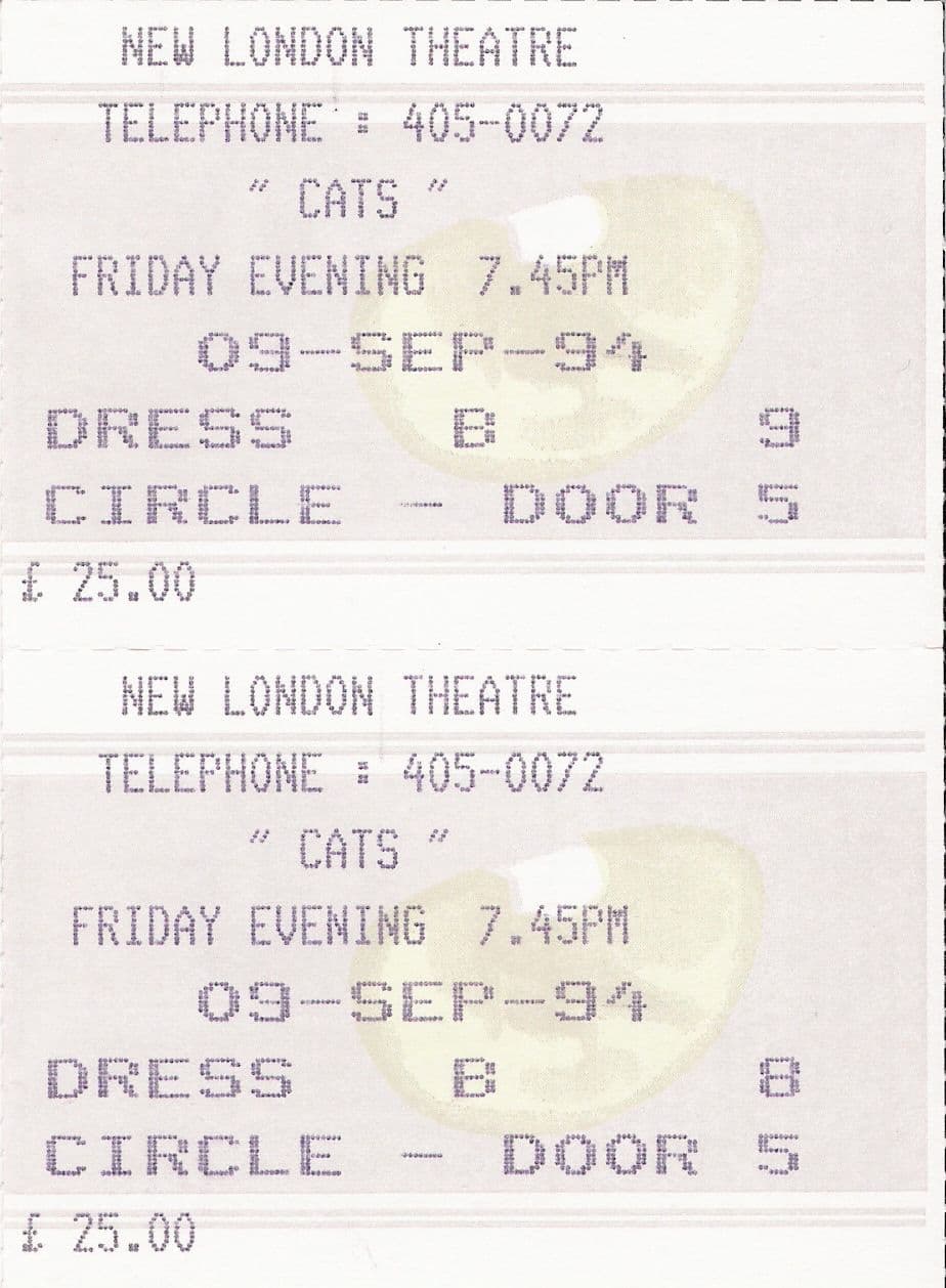 Entrada original musical "CATS" - New London Theatre - Septiembre 1994