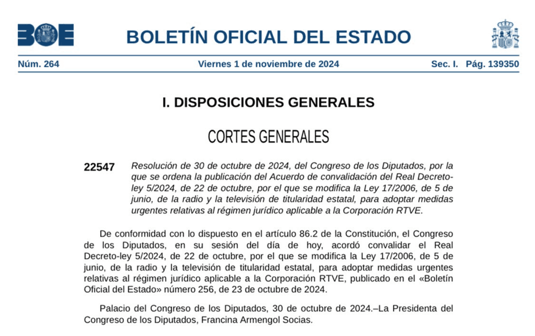 Boletín Oficial del Estado - Convalidación decreto corporación RTVE