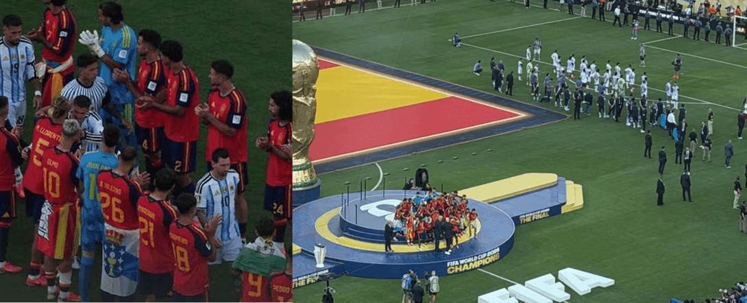 España hace pasillo a Argentina que da la espalda al combinado español en la celebración del título