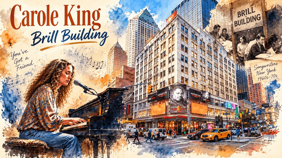Acuarela del Brill Building en NY y Carole King ensayando con su piano en alguna de las salas