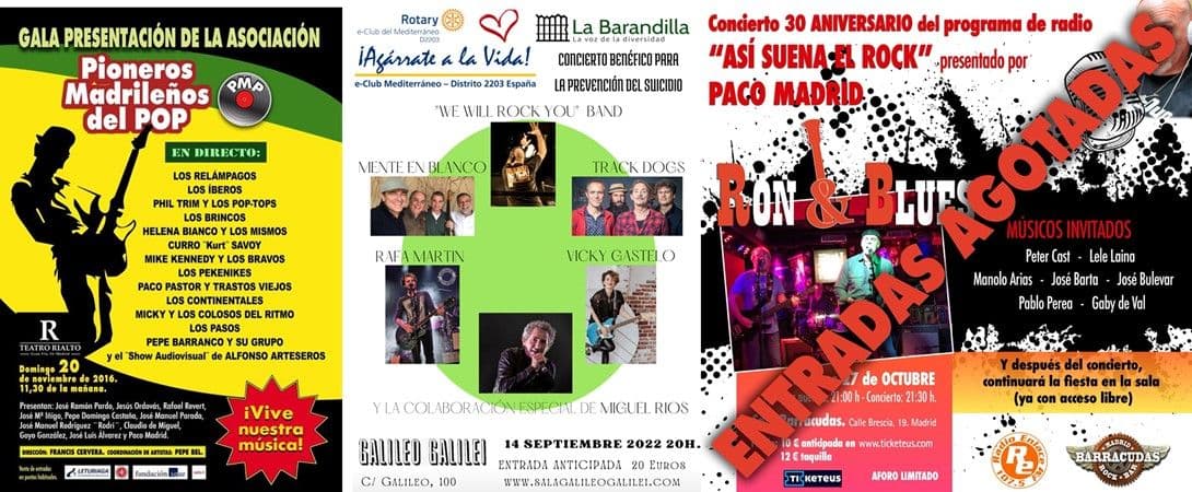 Carteles anunciadores de Pioneros madrileños del POP, Agárrate a la vida y Concierto aniversario, presentados por Paco Madrid