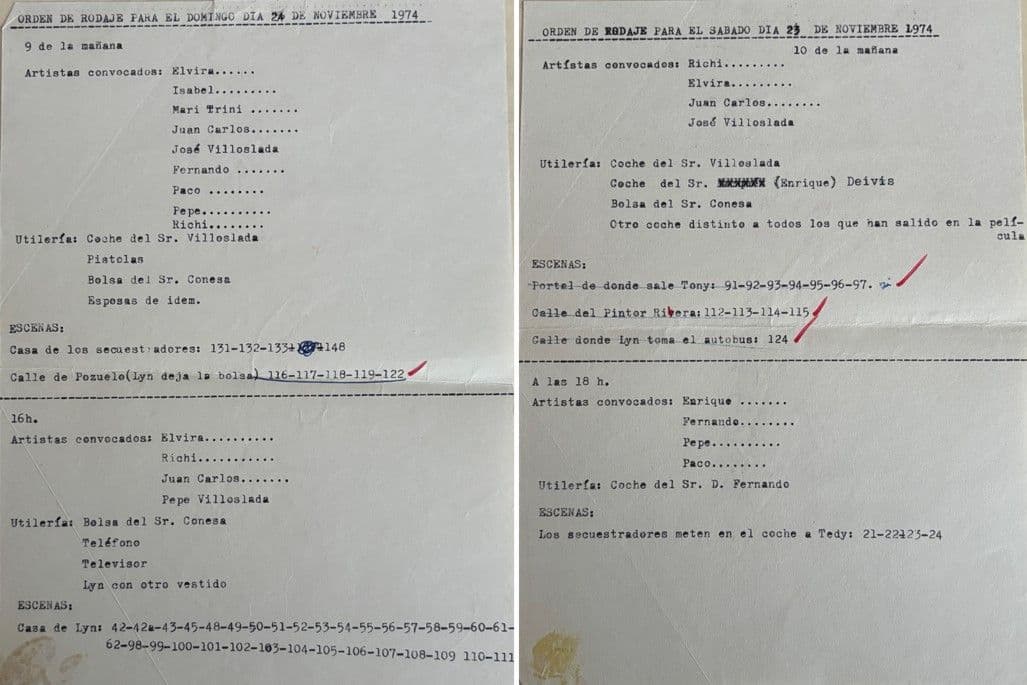 Orden del día de rodaje 26 de noviembre de 1974
