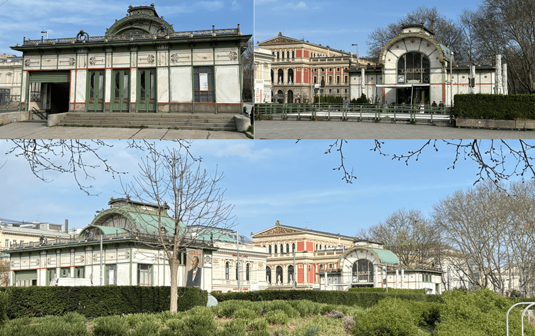 Estación de metro de Otto Wagner y el Musikverein al fondo