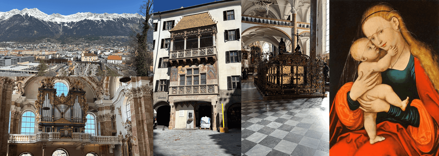 Imágenes de Innsbruck, mausoleo Maximiliano I y cuadro de María Hilf de Lucas Cranach el viejo