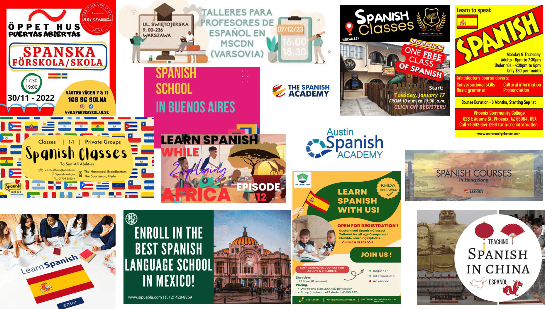 Anuncios de academias, institutos y centros de aprendizaje de español en todo el mundo