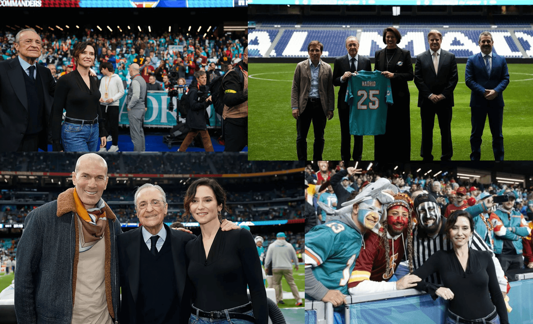 Autoridades de Ayuntamiento y Comunidad junto con el emblema de Real Madrid, Zinedine Zidane y el presidente Florentino Pérez